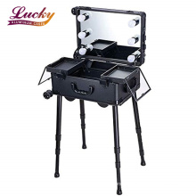 Rolling Makeup Case LED Light Mirror Adjustable Legs Lockable Train Table Studio Artist Cosmetic Case